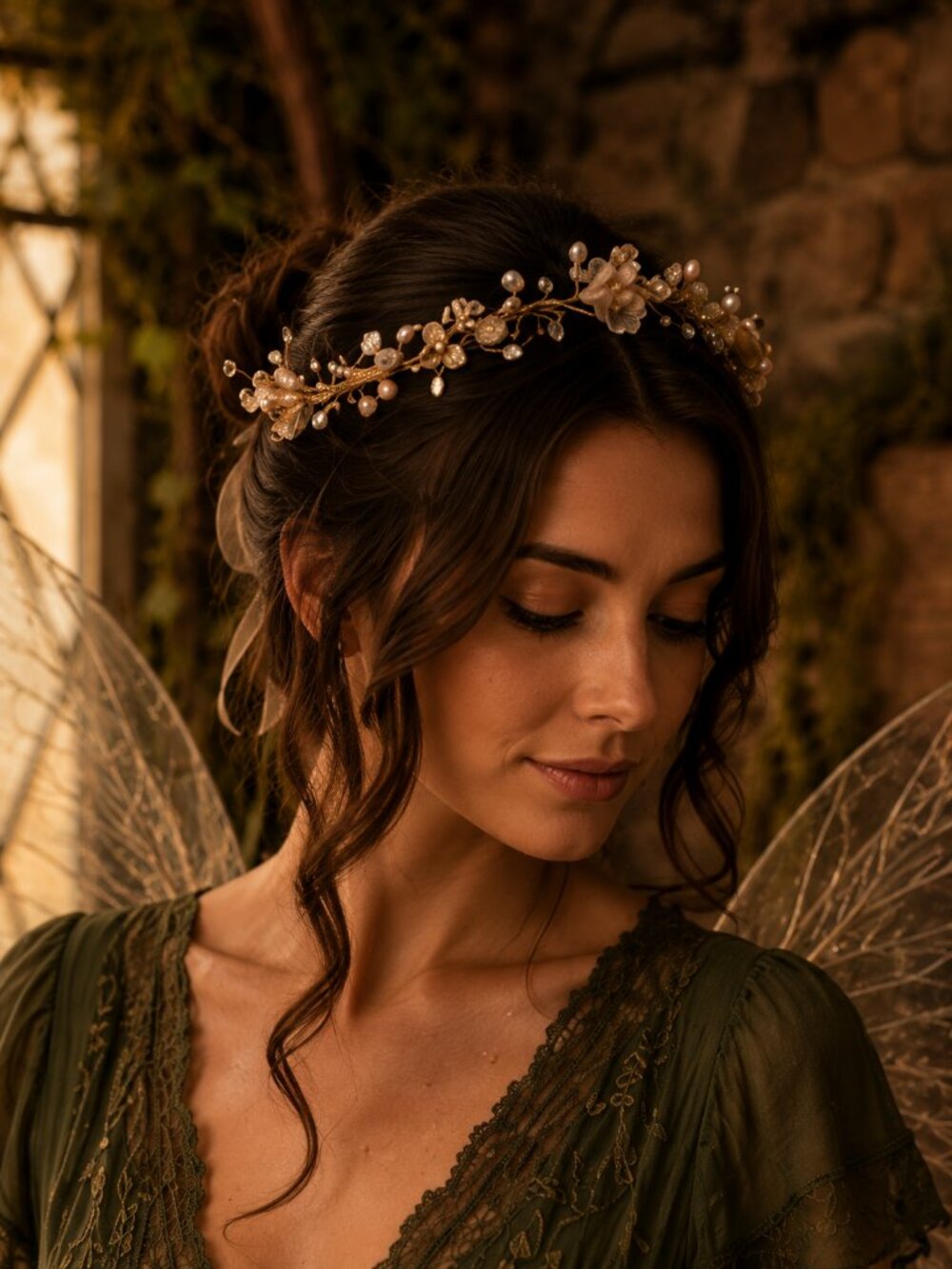 Fairy Fashion 🧚‍♂️ Gold-Tone & Pink Floral Pearl Headpiece with Ribbons